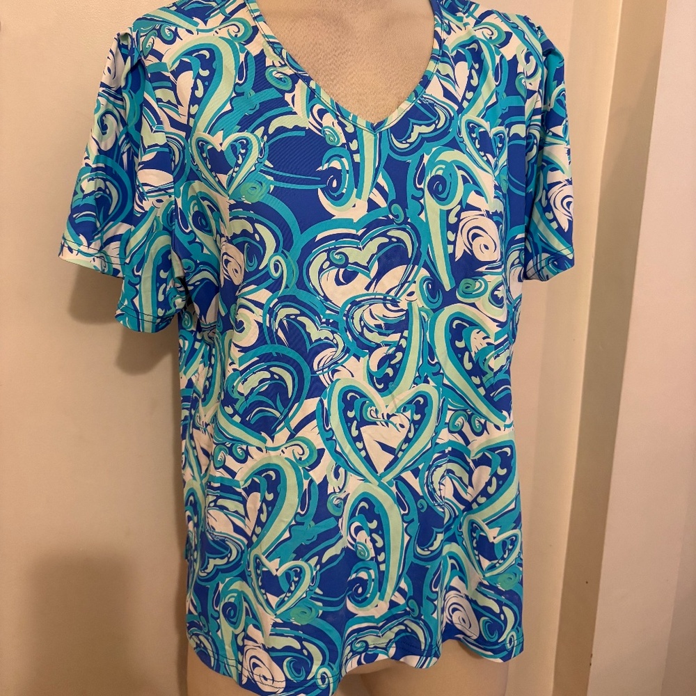 Lulu-B Blue Swirl V-Neck Top | Size XL | Cruise Resort Casual